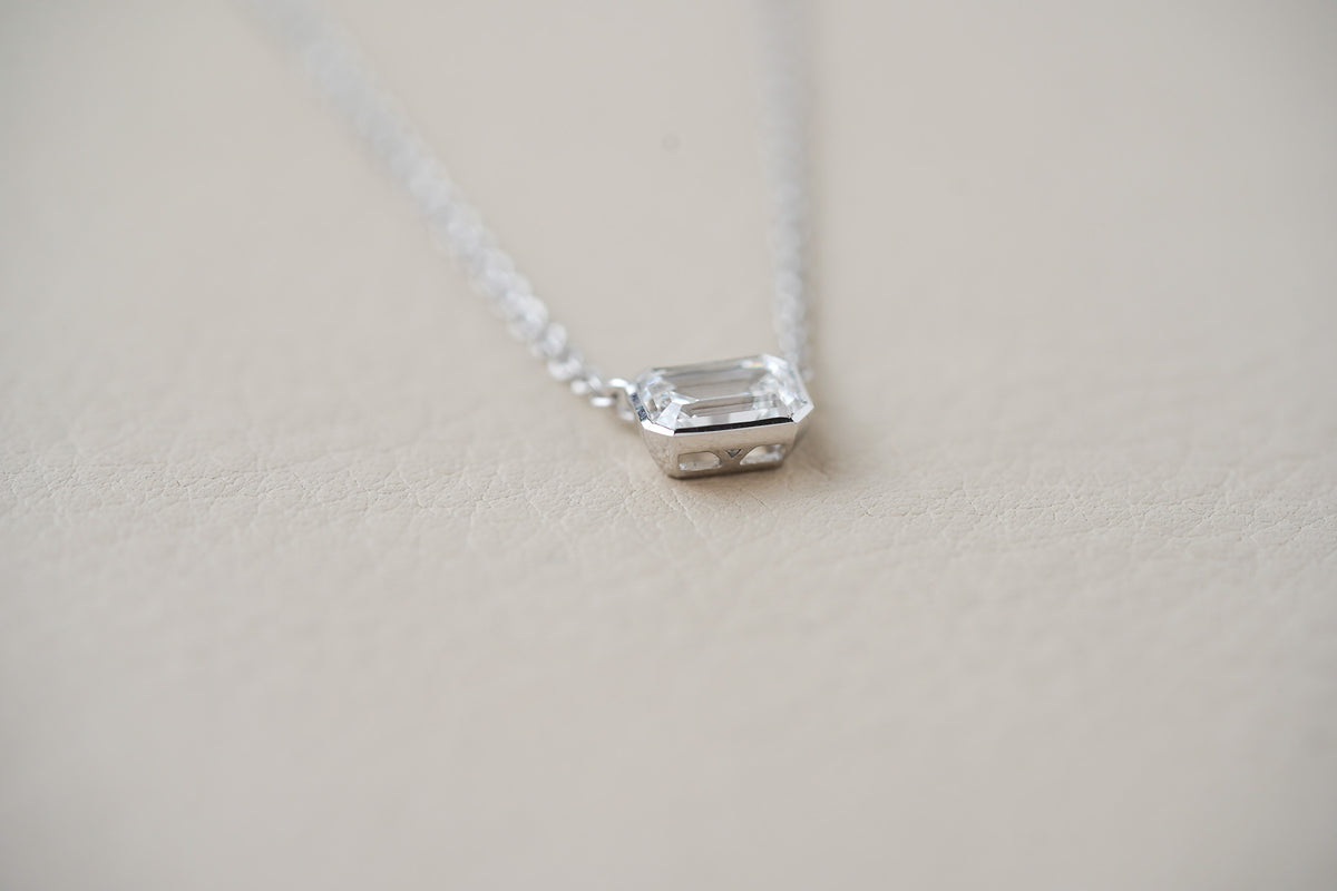 IGI Certified 1.09ct Lab Grown Emerald Cut 14k White Gold Solitaire Bezel Necklace 18"