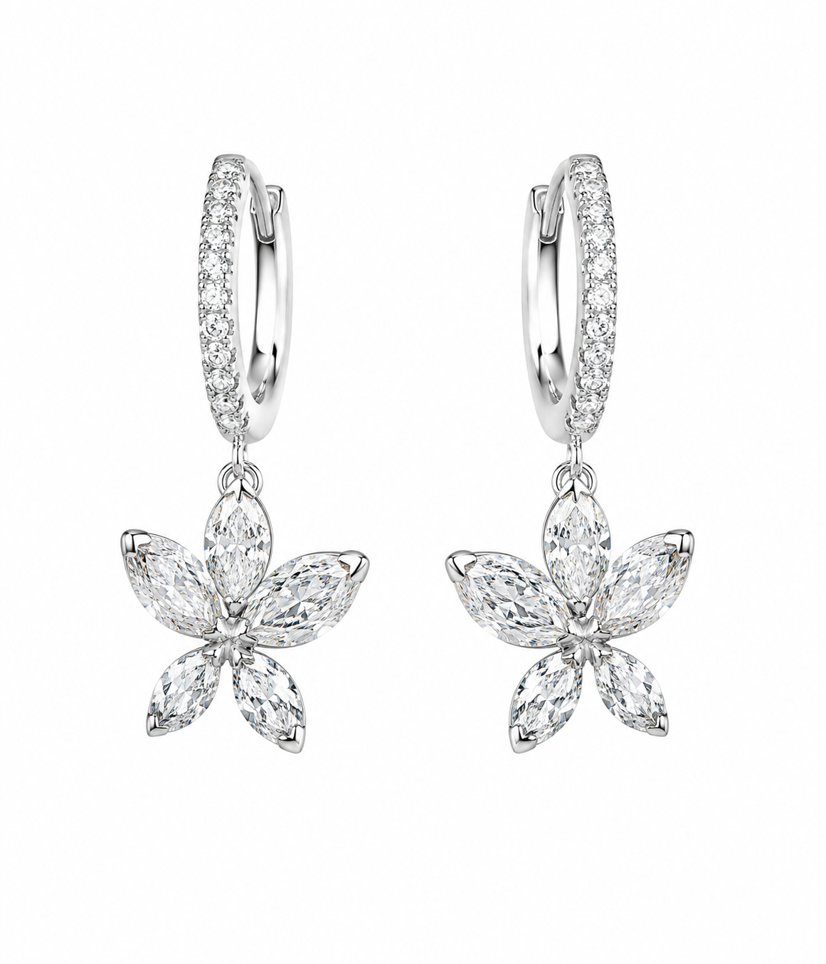 14k White Gold 1.38tcw Marquise and Round Lab Grown Diamond Flower Dangle Hoop Earrings
