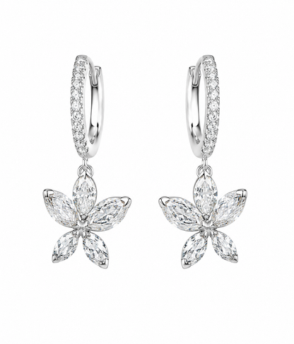 14k White Gold 1.38tcw Marquise and Round Lab Grown Diamond Flower Dangle Hoop Earrings