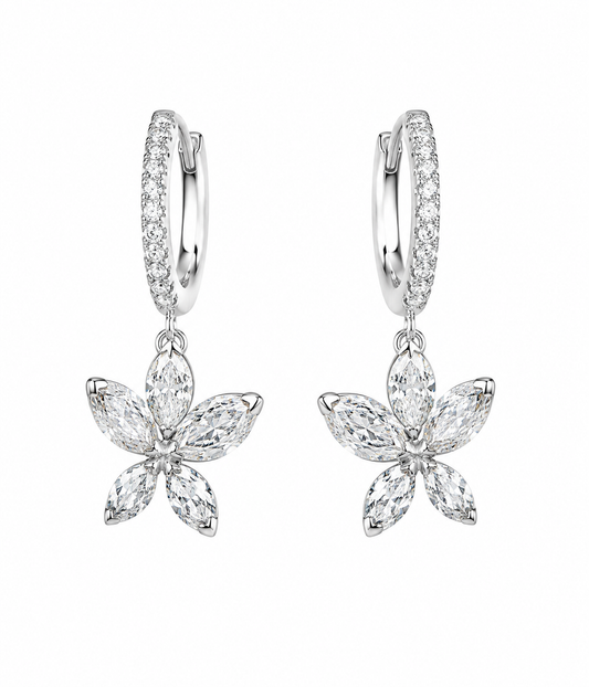 14k White Gold 1.38tcw Marquise and Round Lab Grown Diamond Flower Dangle Hoop Earrings