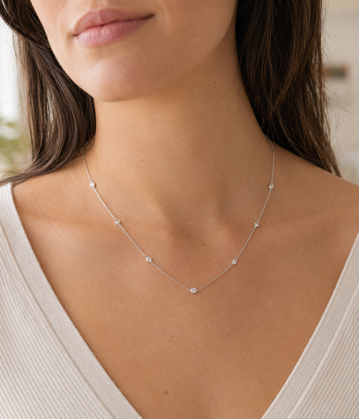 14k White Gold 1cw Lab Grown Fancy Diamond Station Necklace 18
