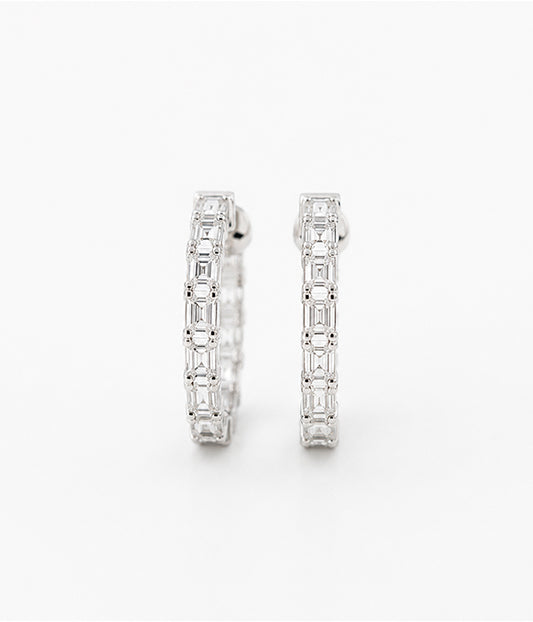 14k White Gold 3.00tcw Lab Grown Round & Emerald Cut Diamond Inside Hoops