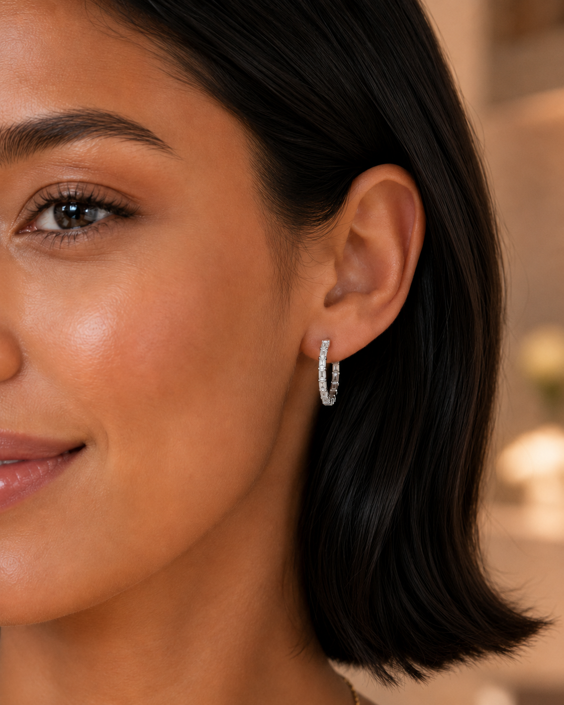 14k White Gold 3.00tcw Lab Grown Round & Emerald Cut Diamond Inside Hoops