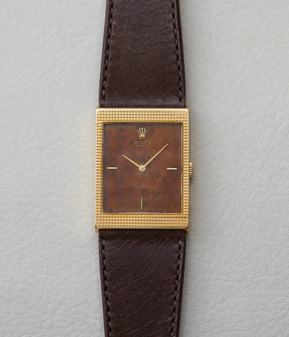 1970's Rolex Cellini 4127 18k Yellow Gold Burl Wood Dial