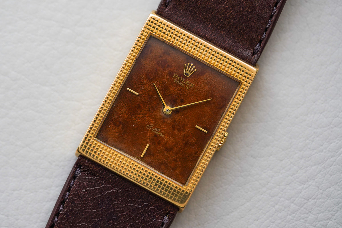 1970's Rolex Cellini 4127 18k Yellow Gold Burl Wood Dial