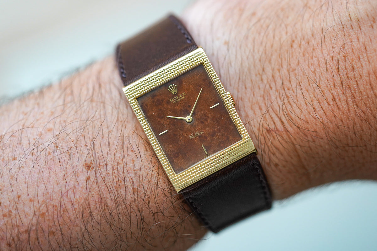 1970's Rolex Cellini 4127 18k Yellow Gold Burl Wood Dial