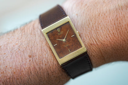1970's Rolex Cellini 4127 18k Yellow Gold Burl Wood Dial