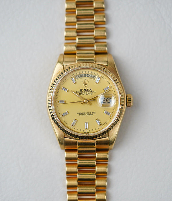 1981 Rolex Day-Date 18038 Champagne Lemon Baguette Diamond Dial