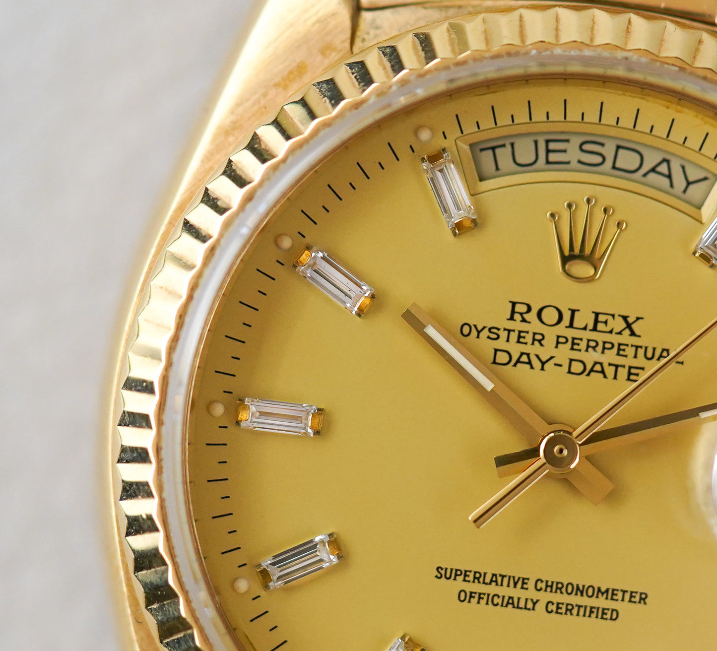 1981 Rolex Day-Date 18038 Champagne Lemon Baguette Diamond Dial