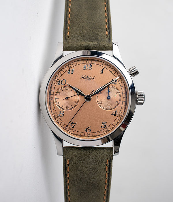 Habring Chrono-Felix stainless steel men's watch with a salmon dial that has Breguet numerals for sale by Belmont Watches in San Diego