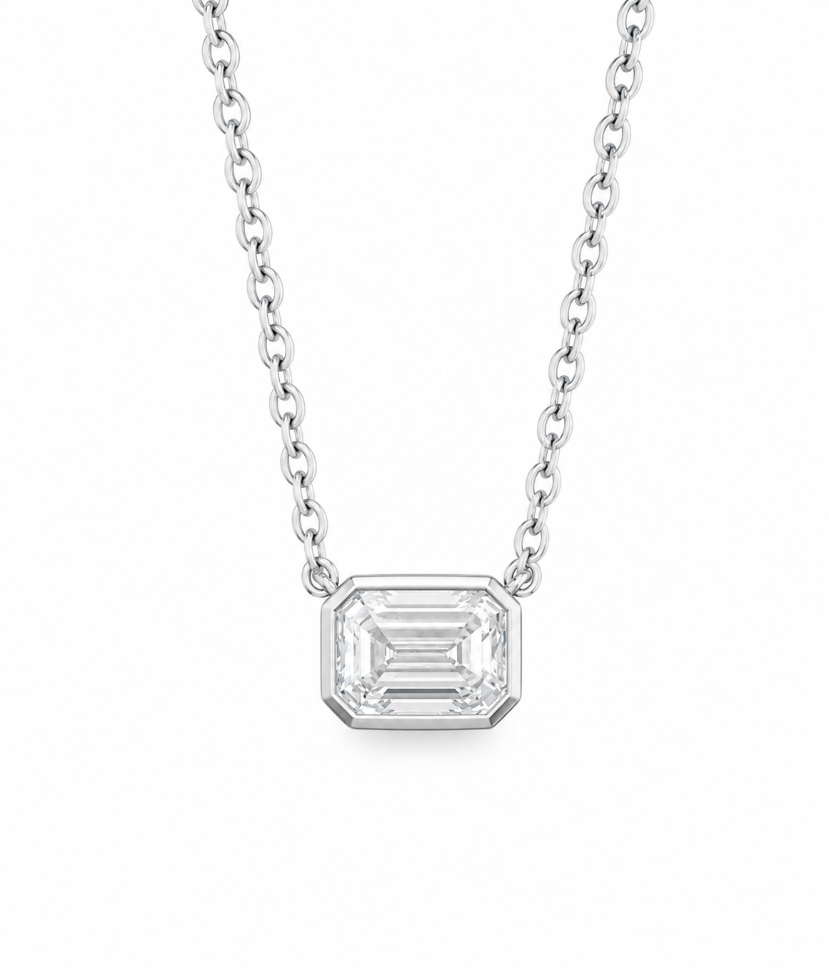 IGI Certified 1.09ct Lab Grown Emerald Cut 14k White Gold Solitaire Bezel Necklace 18