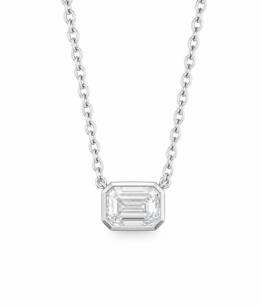IGI Certified 1.09ct Lab Grown Emerald Cut 14k White Gold Solitaire Bezel Necklace 18"