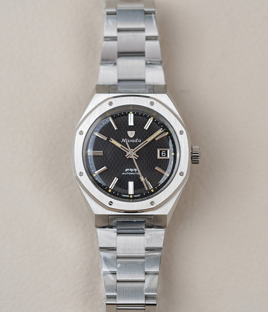 Nivada Grenchen F77 MK2 SST Beige Lume Black With Date Dial 69010A77