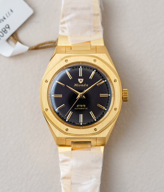 Nivada Grenchen F77 MKII Gold Black Dial 68028A77