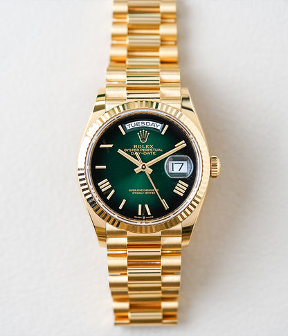 Rolex Day-Date 36mm Yellow Gold Green Ombre Roman 128238
