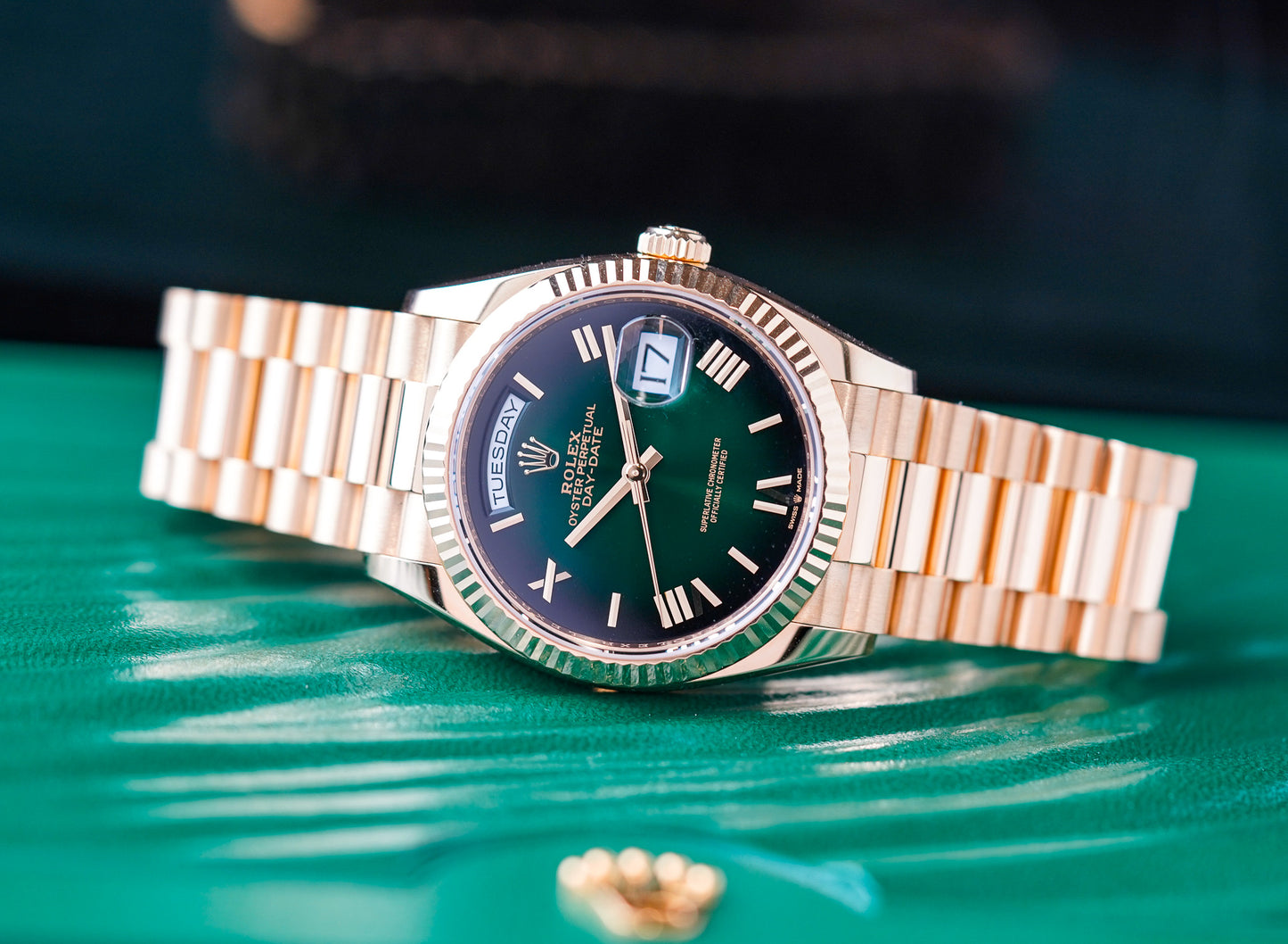 Rolex Day-Date 36mm Yellow Gold Green Ombre Roman 128238